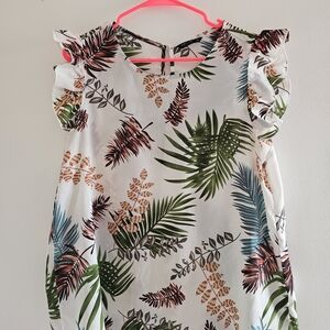 Tropical Leaf Print Ruffle Sleeve Top